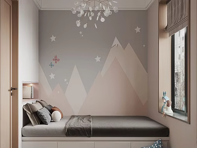 Tatami Bedroom Interior Featuring Mountain Shaped Wall Art Star Butterfly Decorations Chandelier and Window 3d model