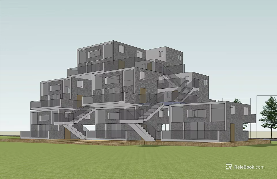 Modern Multi Storey Building With Geometric Structure Balconies Staircases And Open Design 3d model