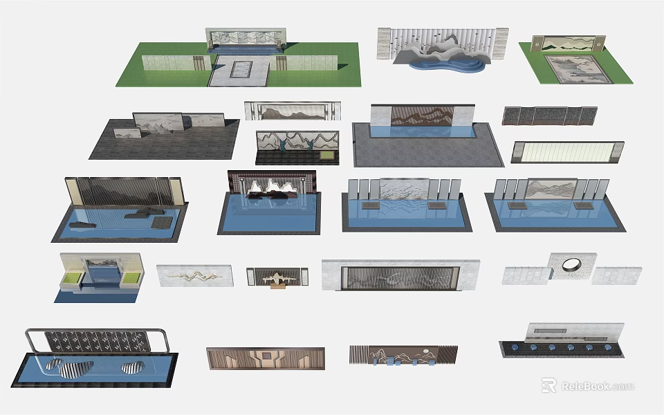 Various Modern Feature Wall Designs With Decorative Panels And Water Features 3d model