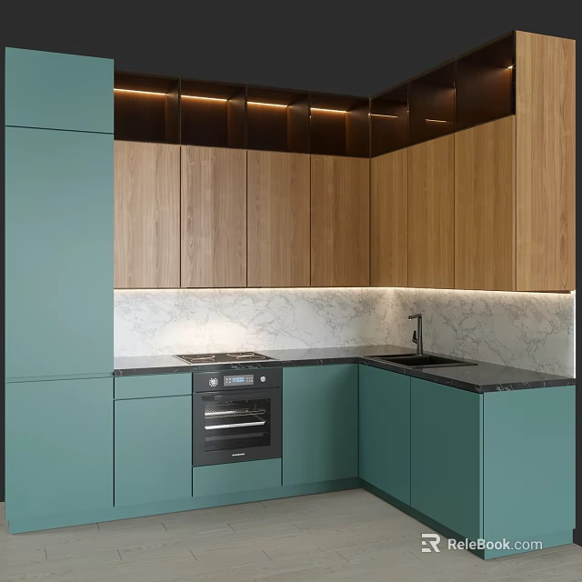 Modern Kitchen With Teal And Wooden Cabinets Marble Countertop Built-in Oven And Lighting 3d model 