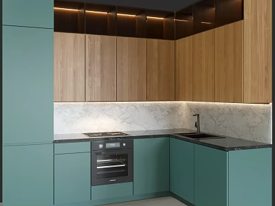 Modern Kitchen With Teal And Wooden Cabinets Marble Countertop Built-in Oven And Lighting 3d model