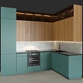 Modern Kitchen With Teal And Wooden Cabinets Marble Countertop Built-in Oven And Lighting