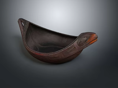 Traditional Dark Brown Wooden Decorative Ornament Set With Boat Shaped Carved Details 3d model