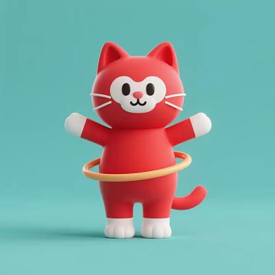 Cute Red Cartoon Cat Ornament Decor Set With Yellow Hula Hoop And Light Green Background 3d model