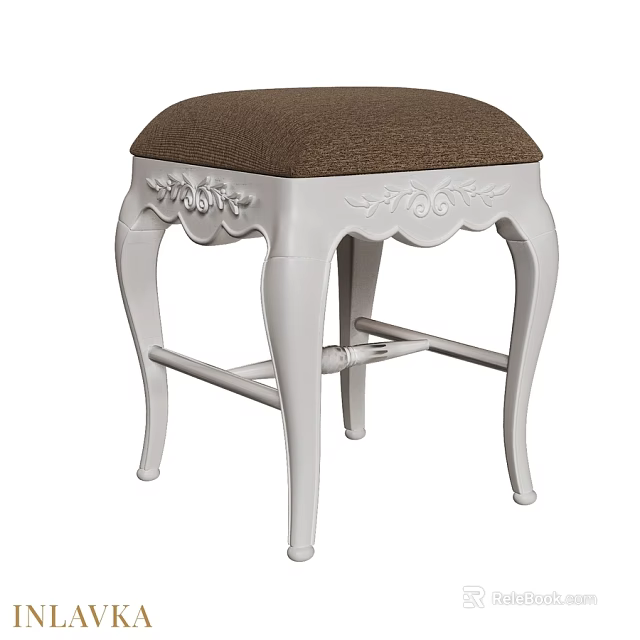 Classic Stool With White Ornate Carved Legs And Brown Fabric Cushion 3d model 