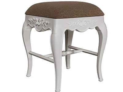 Classic Stool With White Ornate Carved Legs And Brown Fabric Cushion 3d model