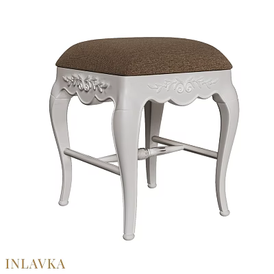 Classic Stool With White Ornate Carved Legs And Brown Fabric Cushion 3d model