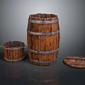 Vintage Wooden Barrels Bucket And Lid With Metal Hoops As Household Items