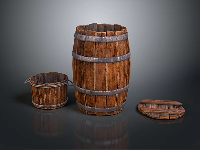 Vintage Wooden Barrels Bucket And Lid With Metal Hoops As Household Items 3d model