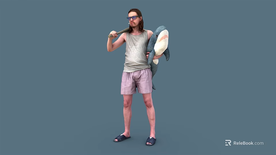 Man Wearing Sunglasses Long Hair Gray Tank Top Pink Shorts Flip Flops Holding Shark Toy 3d model 
