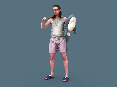 Man Wearing Sunglasses Long Hair Gray Tank Top Pink Shorts Flip Flops Holding Shark Toy 3d model