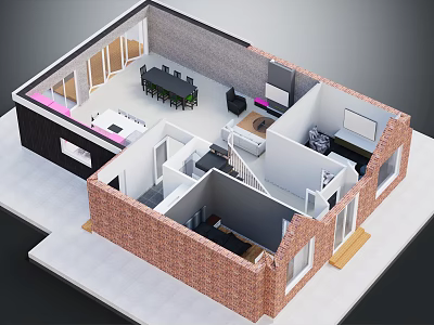 Modern Industrial House Interior Layout Featuring Dining Living Bedroom Staircase Windows And Brick Walls 3d model