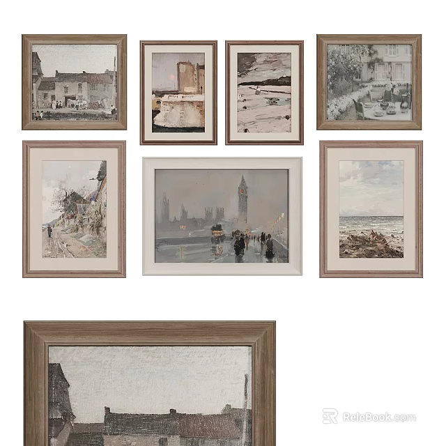 Abstract Paintings Framed Wall Art Collection With City Seaside And Landscape Scenery 3d model 