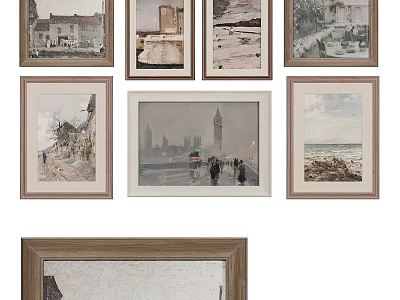 Abstract Paintings Framed Wall Art Collection With City Seaside And Landscape Scenery 3d model