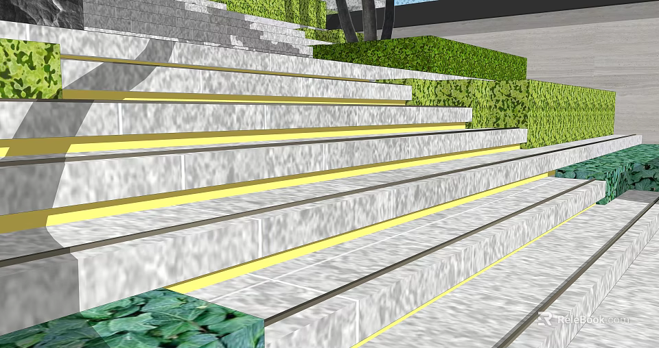 Outdoor Stone Stairs With Yellow LED Strip Lights And Lush Green Bushes 3d model 