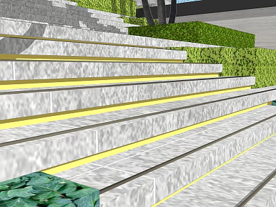 Outdoor Stone Stairs With Yellow LED Strip Lights And Lush Green Bushes 3d model