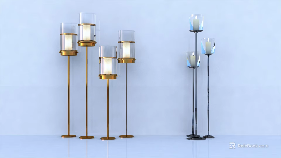 Modern Floor Lamps With Gold And Black Bases Transparent Glass Shades Contemporary Design 3d model 