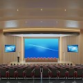 Modern Conference Room With Red Seats Curved Ceiling Large Screen Podium And Green Plants