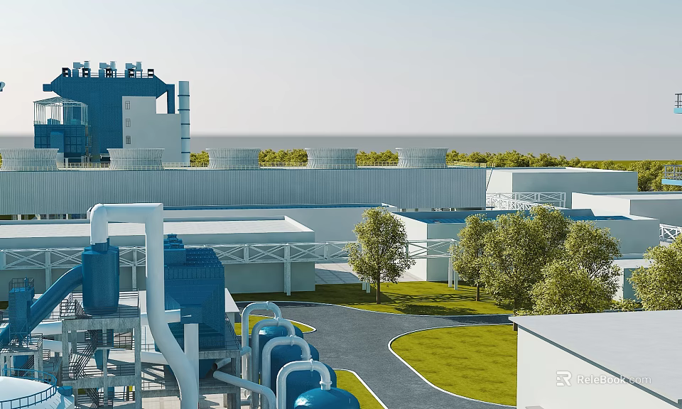 Modern Industrial Factory With Blue Cooling Towers Green Lawns Trees And Pipelines 3d model 