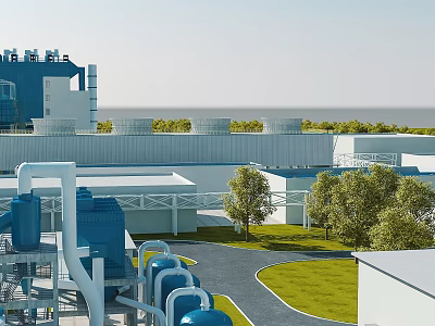 Modern Industrial Factory With Blue Cooling Towers Green Lawns Trees And Pipelines 3d model