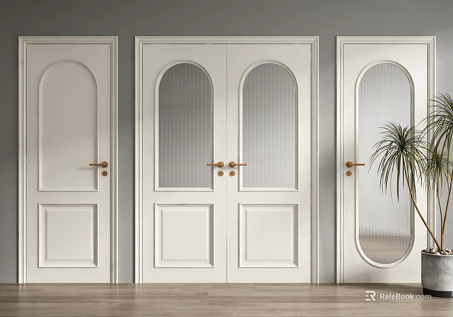 White Casement Doors With Arched Glass Panels In Modern Interior With Wooden Floor 3d model 