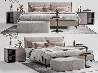 Modern Double Bed Double Bedside Cabinet Combination 3d model
