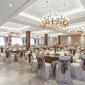 Modern Luxury Banquet Hall With Chandeliers Dining Tables Chairs Fresh Flowers And Marble Floor