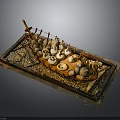 Ancient Wooden Water Vessel Model with Lanterns Stones and Ornate Wooden Frame