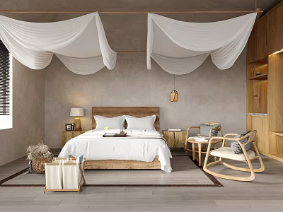 Cozy Hotel Room Interior With White Canopies Gray Walls Wooden Furniture And Natural Light 3d model