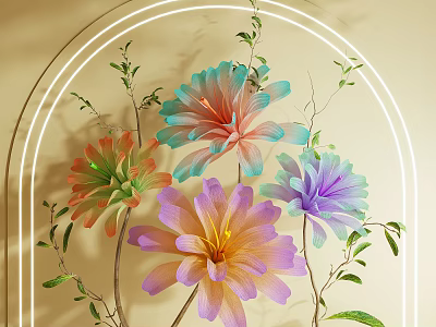 Colorful Floral Display With Various Colored Flowers And Green Leaves In Circular Frame 3d model