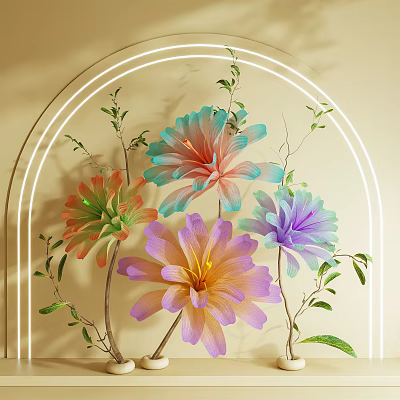 Colorful Floral Display With Various Colored Flowers And Green Leaves In Circular Frame 3d model