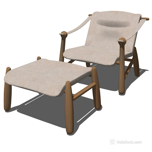 Comfortable Beige Armchair with Wooden Frame and Matching Ottoman Minimalist Design for Living Room 3d model 