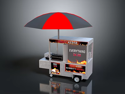 Street Food Cart With Red And Black Umbrella Everything $2 Sign And Hot Dogs 3d model