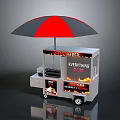 Street Food Cart With Red And Black Umbrella Everything $2 Sign And Hot Dogs