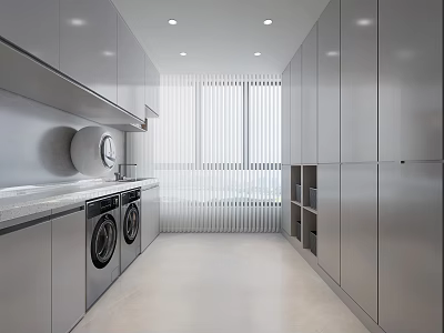 Modern Laundry Room With Gray Cabinetry Washing Machines And Window Blinds 3d model