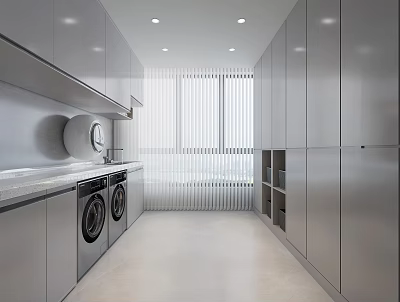 Modern Laundry Room With Gray Cabinetry Washing Machines And Window Blinds 3d model