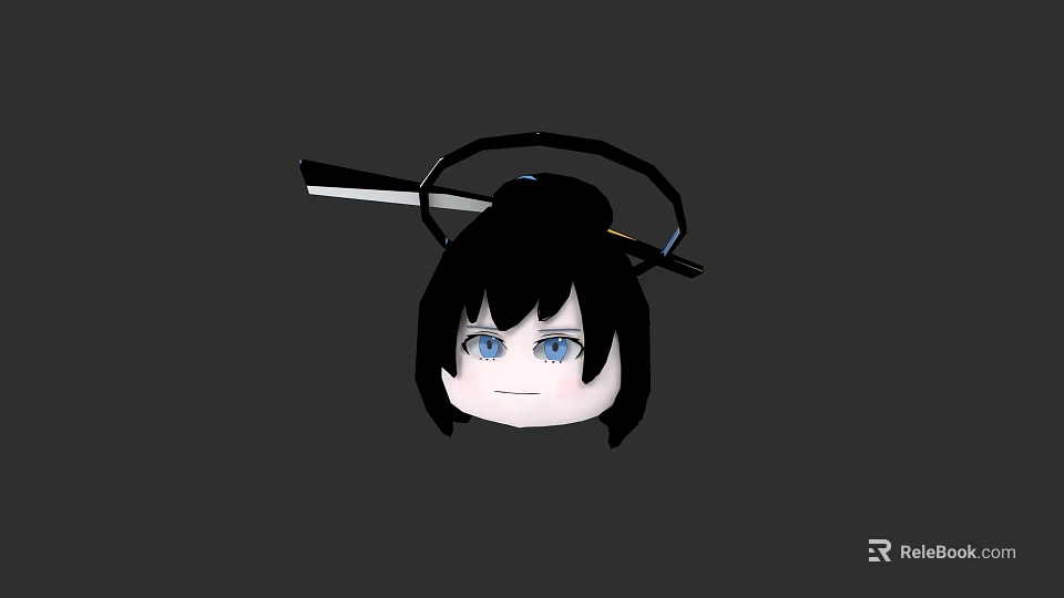 Cartoon Style Woman With Black Hair Blue Eyes Circular Hair Accessory And Hairpin On Head 3d model 