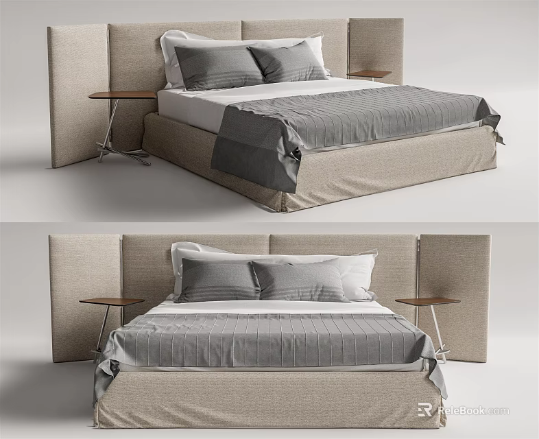 Modern Double Bed With Upholstered Headboard Gray Bedding And Side Tables 3d model