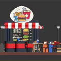 Colorful Food Stall Setup With Red White Striped Awning Tables Chairs Street Lamps And Benches