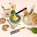 Assorted Asian Food Ingredients and Tools Including Noodles Banana Cookies Vegetables and Steamed Buns