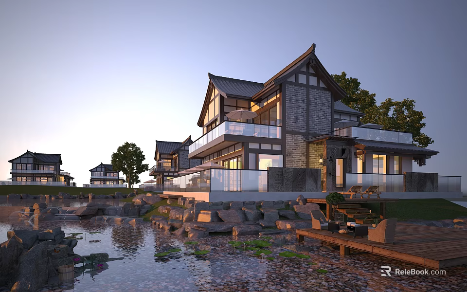 Modern Detached Villa With Glass Windows Waterfront Terrace And Natural Rocks 3d model 