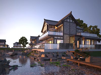 Modern Detached Villa With Glass Windows Waterfront Terrace And Natural Rocks 3d model