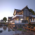 Modern Detached Villa With Glass Windows Waterfront Terrace And Natural Rocks