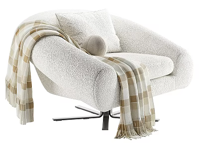 Plush Lounge Chair With Checkered Blanket Round Pillow And Metal Legs 3d model