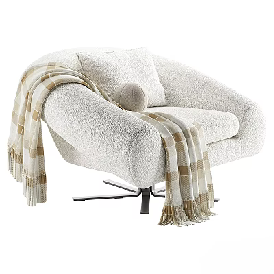 Plush Lounge Chair With Checkered Blanket Round Pillow And Metal Legs 3d model