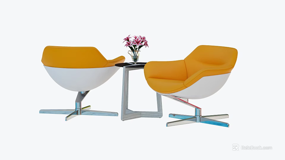 Modern Orange White Chair Table Set With Metal Legs Side Table And Pink Flower Vase 3d model 