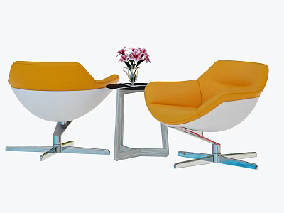 Modern Orange White Chair Table Set With Metal Legs Side Table And Pink Flower Vase 3d model