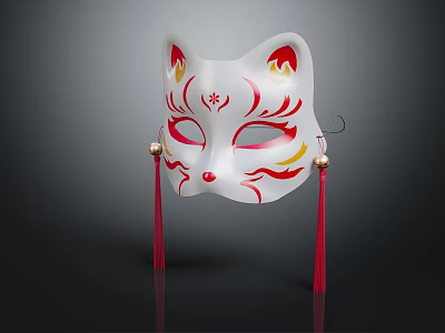 White Cat Face Mask With Red Yellow Patterns And Red Tassels Decorations 3d model