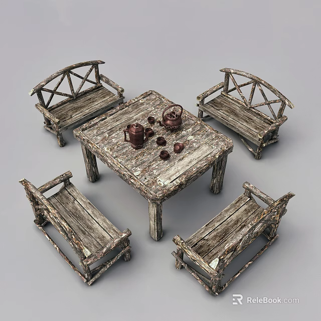 Outdoor Wooden Table with Four Matching Benches Natural Rustic Design Tea Set on Top 3d model 
