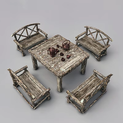 Outdoor Wooden Table with Four Matching Benches Natural Rustic Design Tea Set on Top 3d model